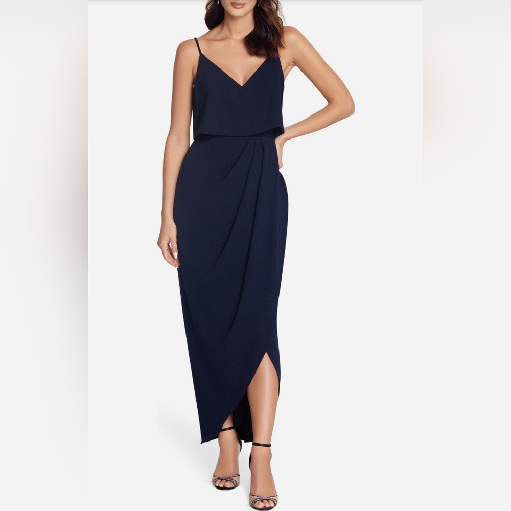 XSCAPE Scuba Crepe Popover Faux Wrap Dress Gown Navy Blue 6
